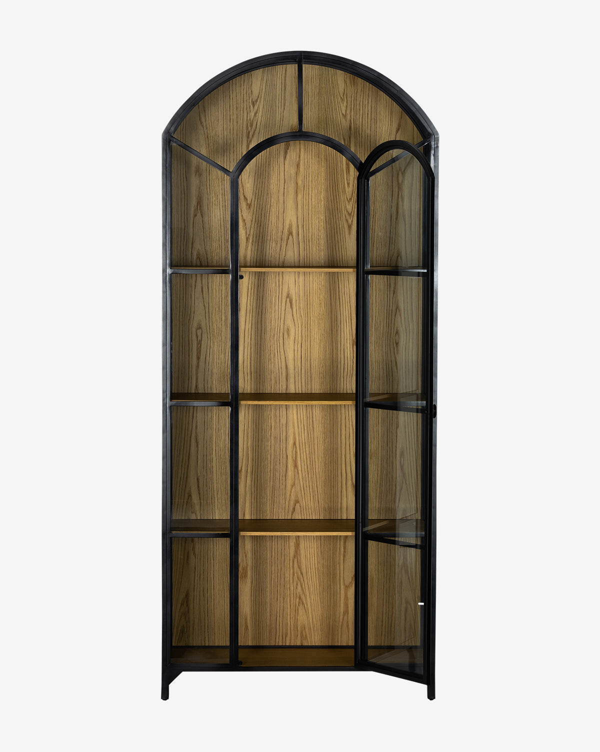 Modern Oak Cabinet with Arched Top & Glass Doors for Living Room