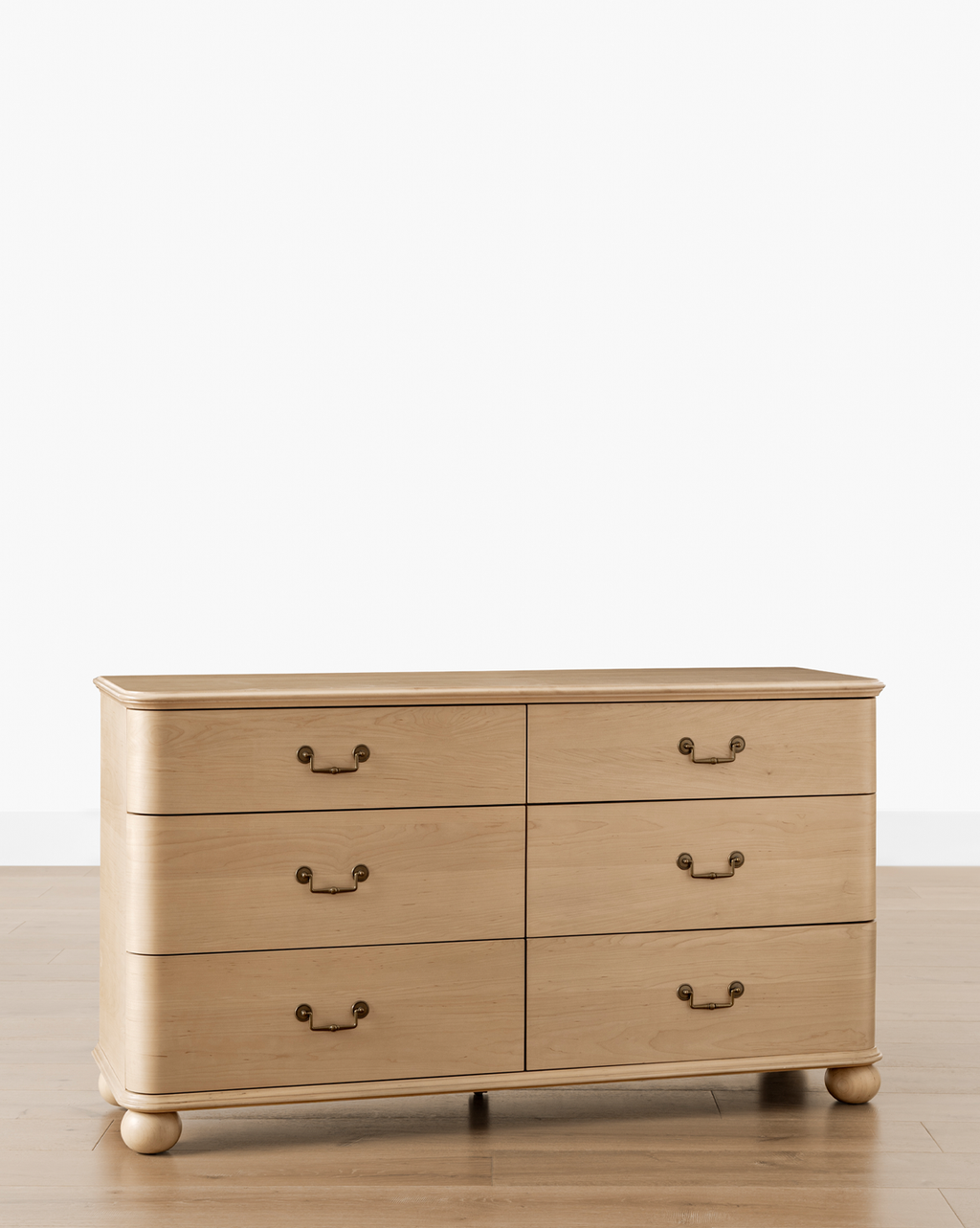 Classic Light Wood Dresser with Brass Hardware & Bun Feet for Bedroom