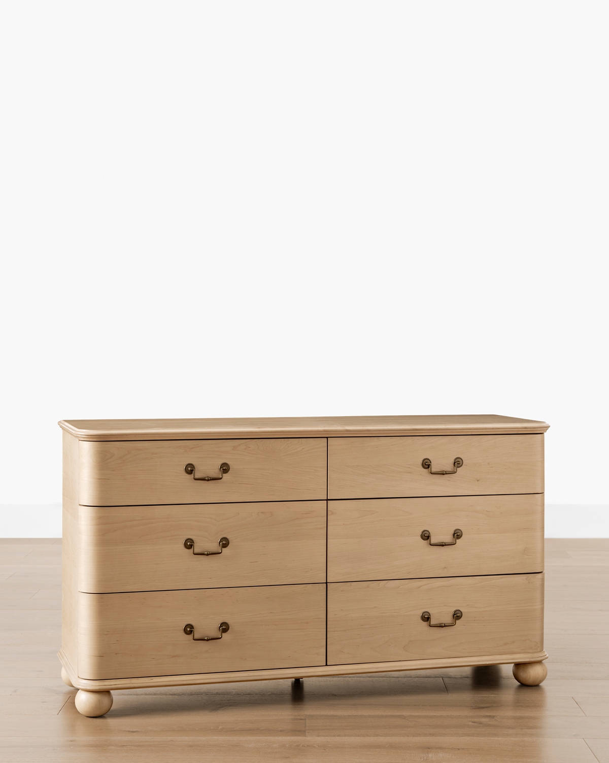 Classic Light Wood Dresser with Brass Hardware & Bun Feet for Bedroom