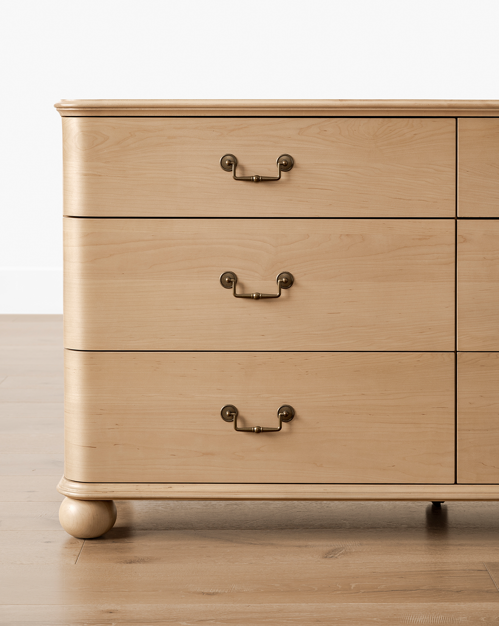 Classic Light Wood Dresser with Brass Hardware & Bun Feet for Bedroom