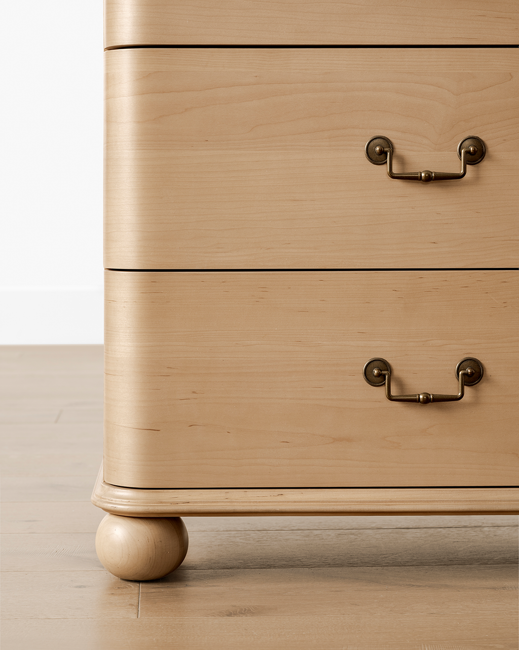 Classic Light Wood Dresser with Brass Hardware & Bun Feet for Bedroom