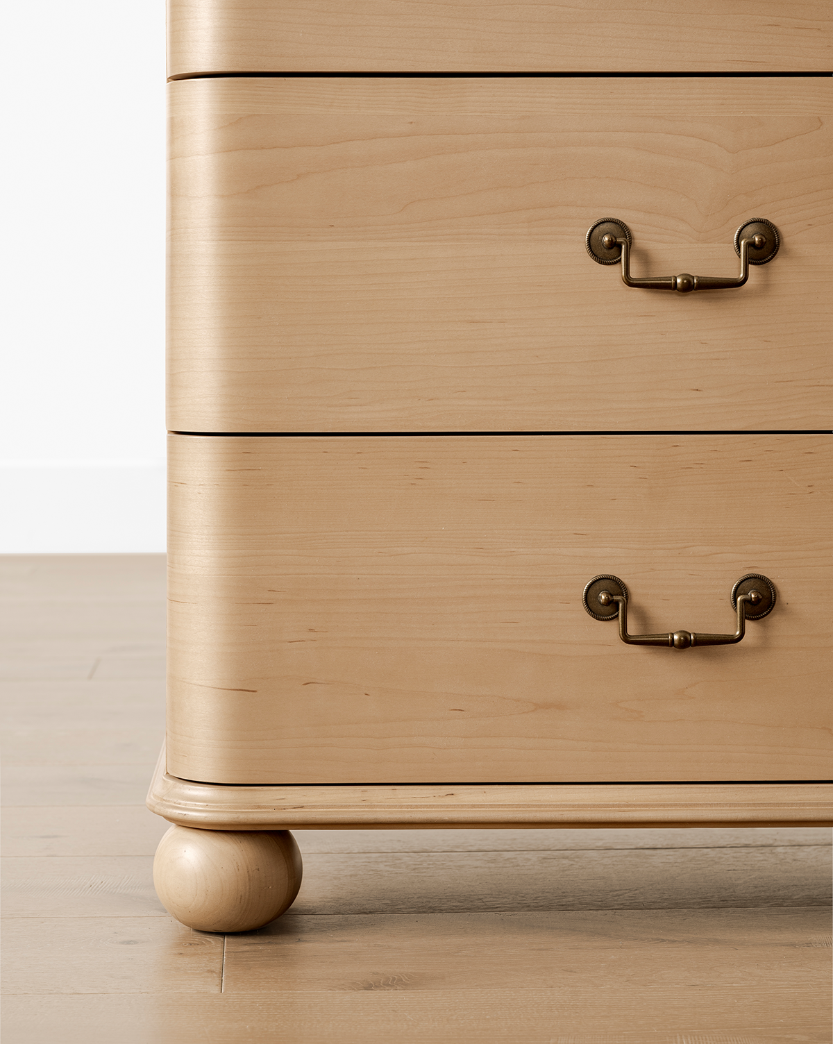 Classic Light Wood Dresser with Brass Hardware & Bun Feet for Bedroom