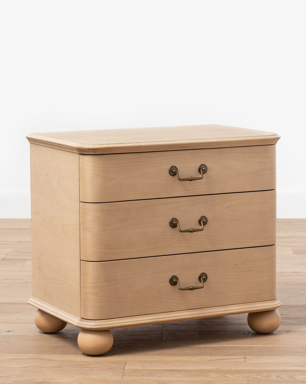Traditional Birch Veneer Nightstand with Brass Hardware & Bun Feet for Bedroom