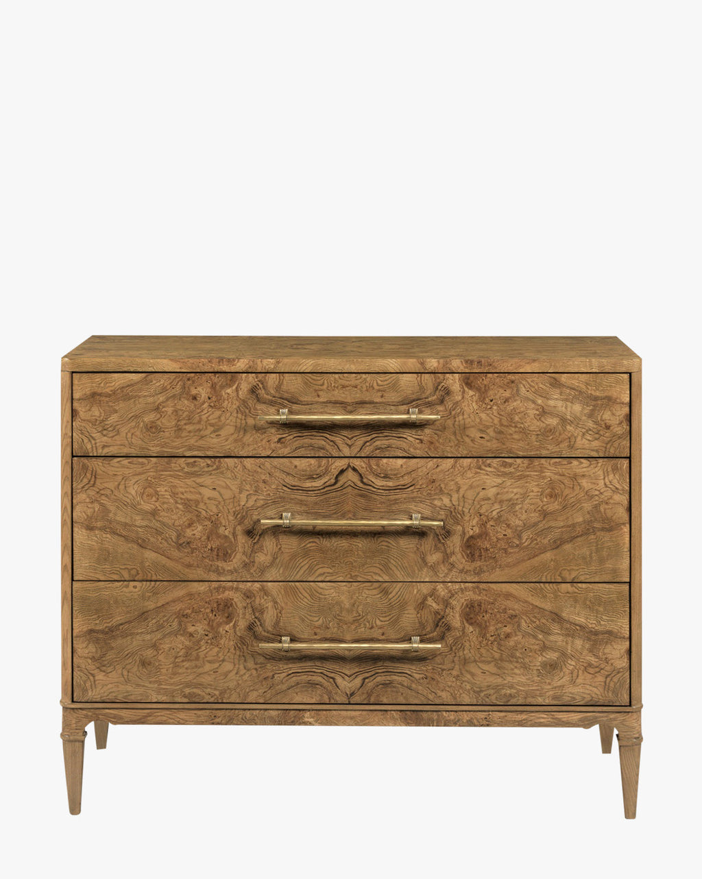 Artisan Olive Ash Burl Chest with Brass Hardware & Tapered Legs for Bedroom