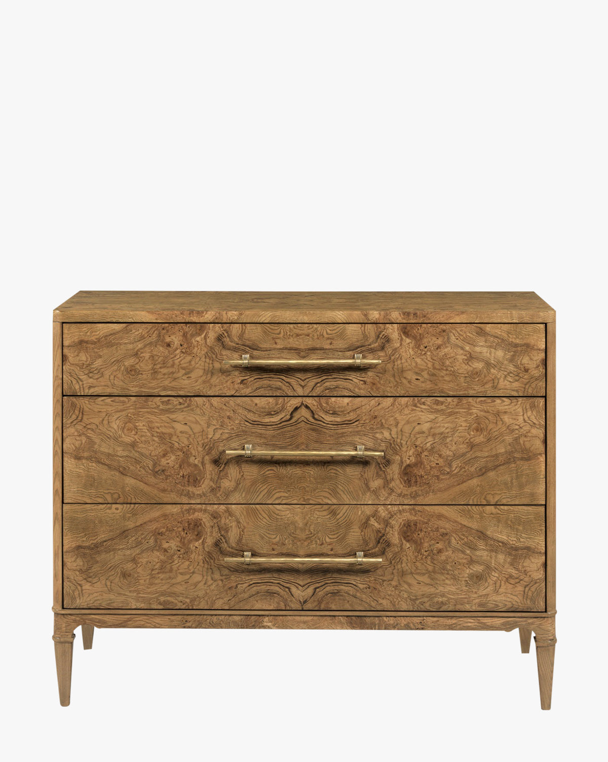 Artisan Olive Ash Burl Chest with Brass Hardware & Tapered Legs for Bedroom