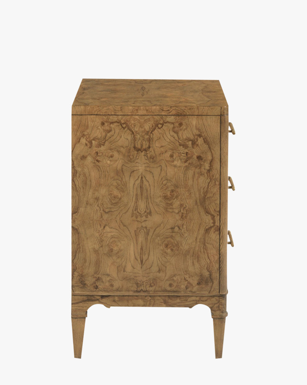 Artisan Olive Ash Burl Nightstand with Brass Hardware & Tapered Legs for Bedroom