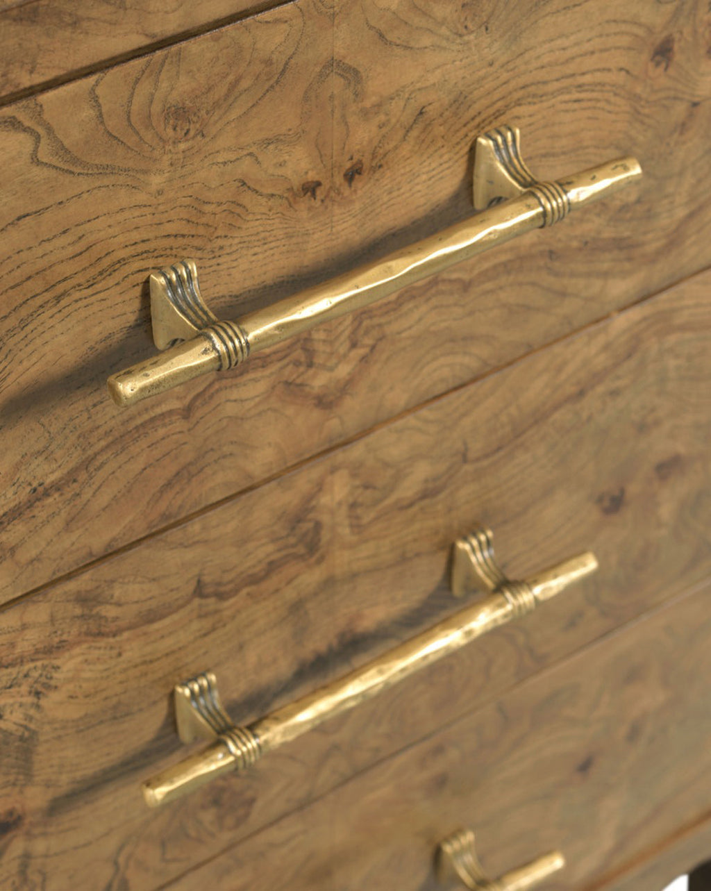 Artisan Olive Ash Burl Nightstand with Brass Hardware & Tapered Legs for Bedroom