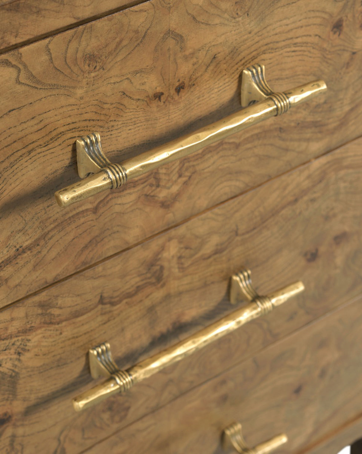 Artisan Olive Ash Burl Nightstand with Brass Hardware & Tapered Legs for Bedroom