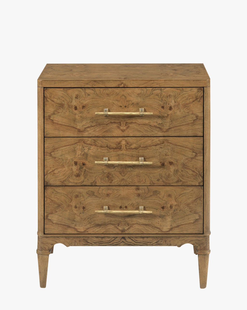 Artisan Olive Ash Burl Nightstand with Brass Hardware & Tapered Legs for Bedroom