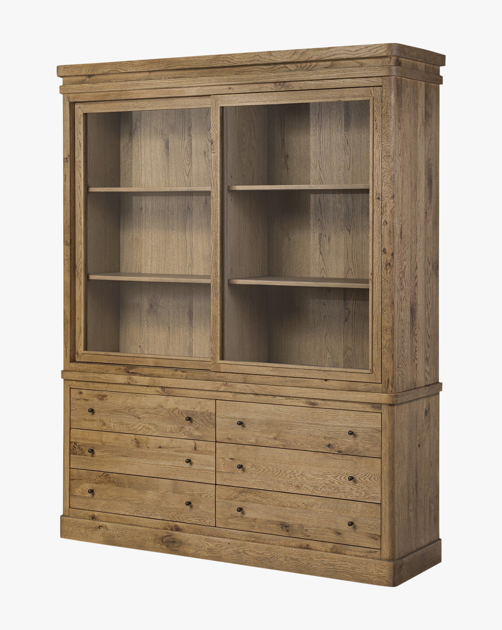 Classic Honey Oak Cabinet with Framed Glass Doors & Generous Drawers for Living Room