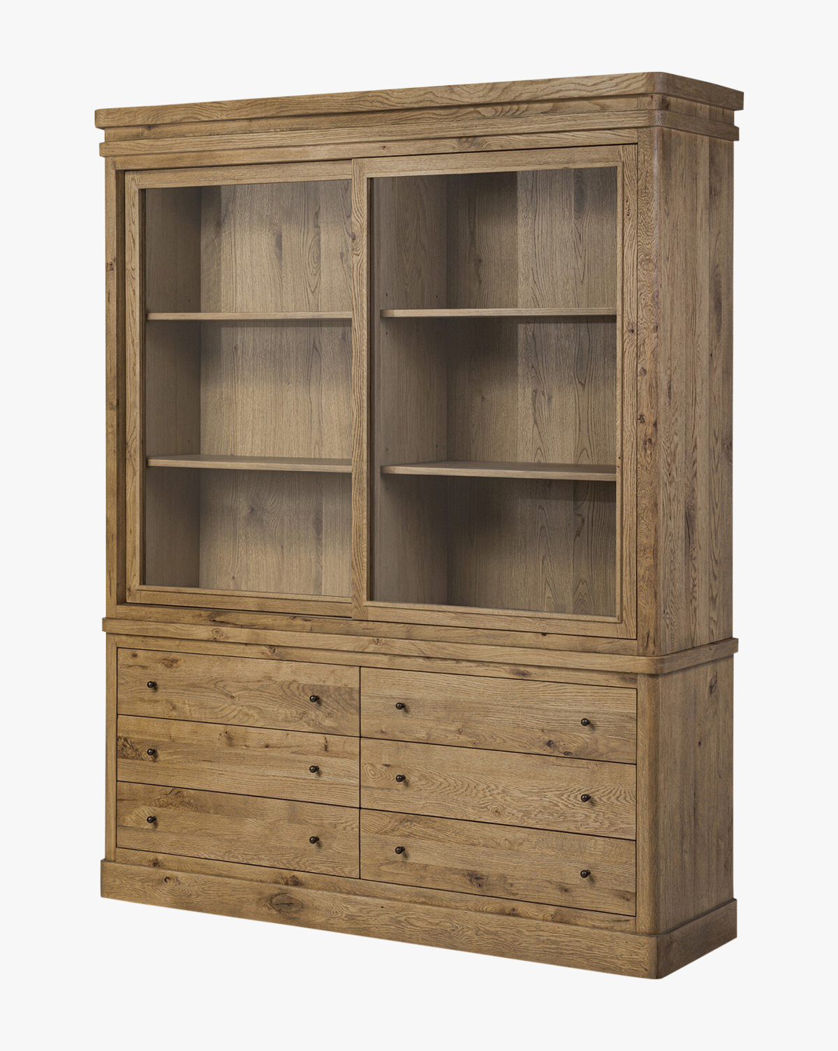 Classic Honey Oak Cabinet with Framed Glass Doors & Generous Drawers for Living Room