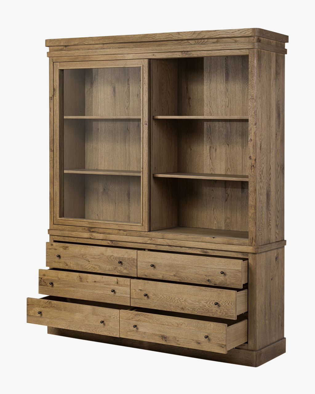 Classic Honey Oak Cabinet with Framed Glass Doors & Generous Drawers for Living Room