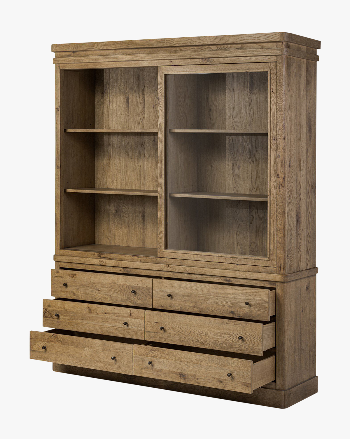 Classic Honey Oak Cabinet with Framed Glass Doors & Generous Drawers for Living Room