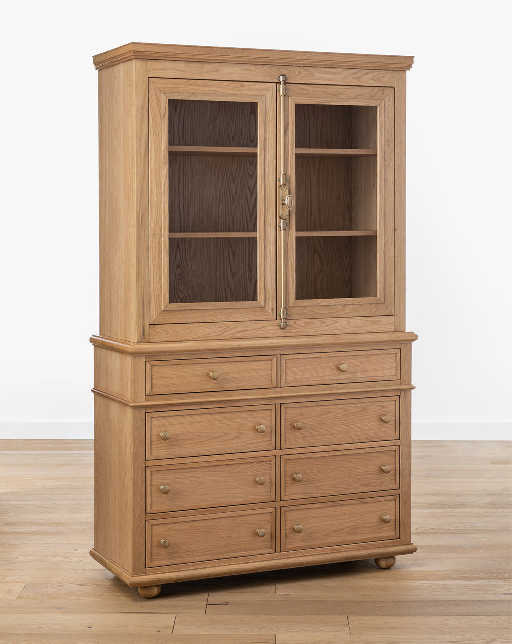 Traditional Oak Cabinet with Glass Doors & Round Pulls for Living Room