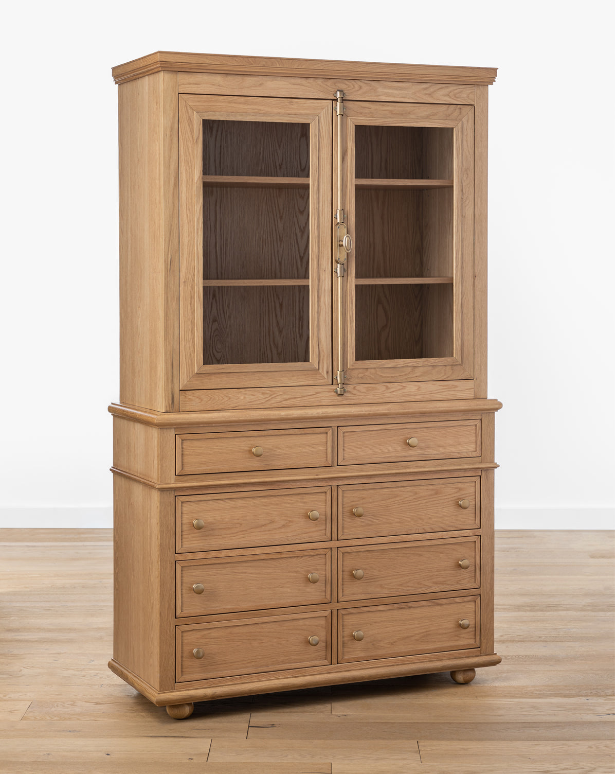 Traditional Oak Cabinet with Glass Doors & Round Pulls for Living Room