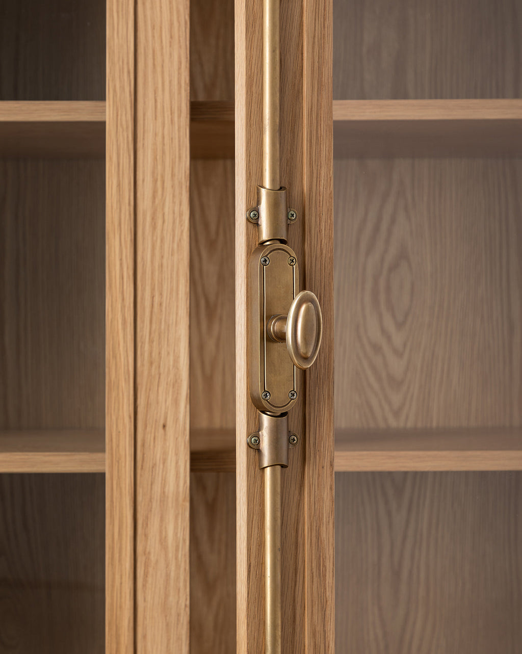 Traditional Oak Cabinet with Glass Doors & Round Pulls for Living Room