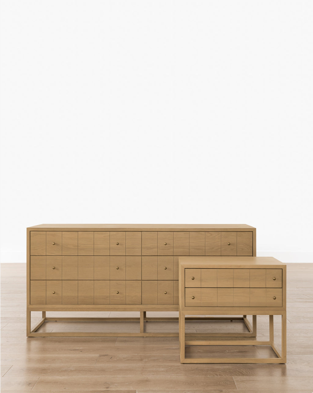 Contemporary Oak Nightstand with Etched Grid Pattern & Brass Pulls for Bedroom