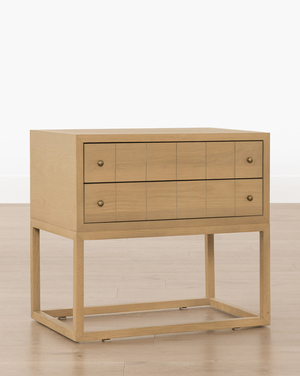 Contemporary Oak Nightstand with Etched Grid Pattern & Brass Pulls for Bedroom
