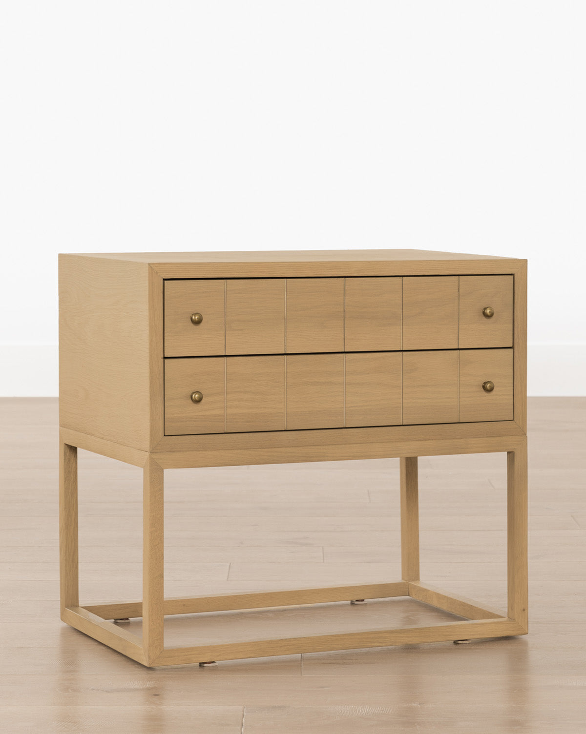 Contemporary Oak Nightstand with Etched Grid Pattern & Brass Pulls for Bedroom