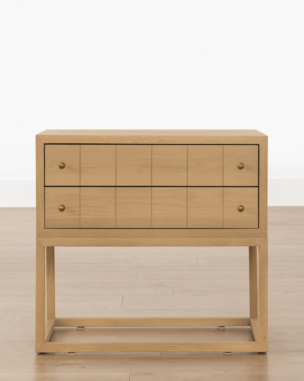 Contemporary Oak Nightstand with Etched Grid Pattern & Brass Pulls for Bedroom