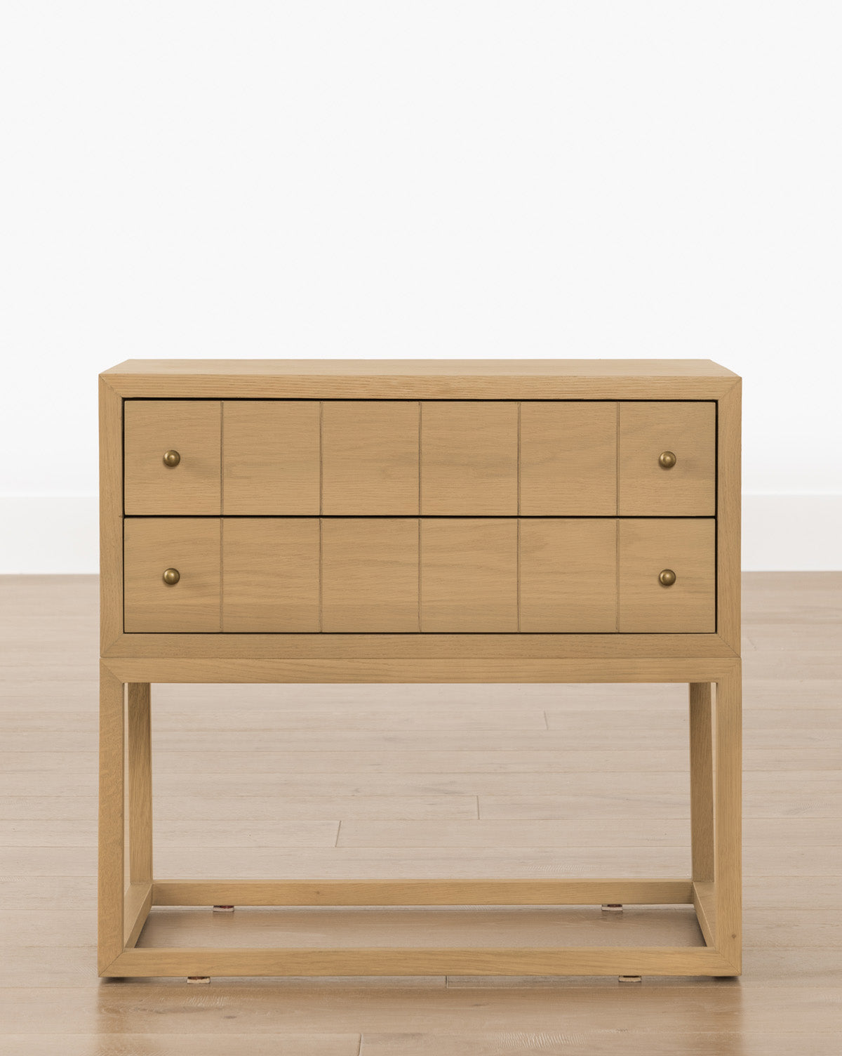 Contemporary Oak Nightstand with Etched Grid Pattern & Brass Pulls for Bedroom
