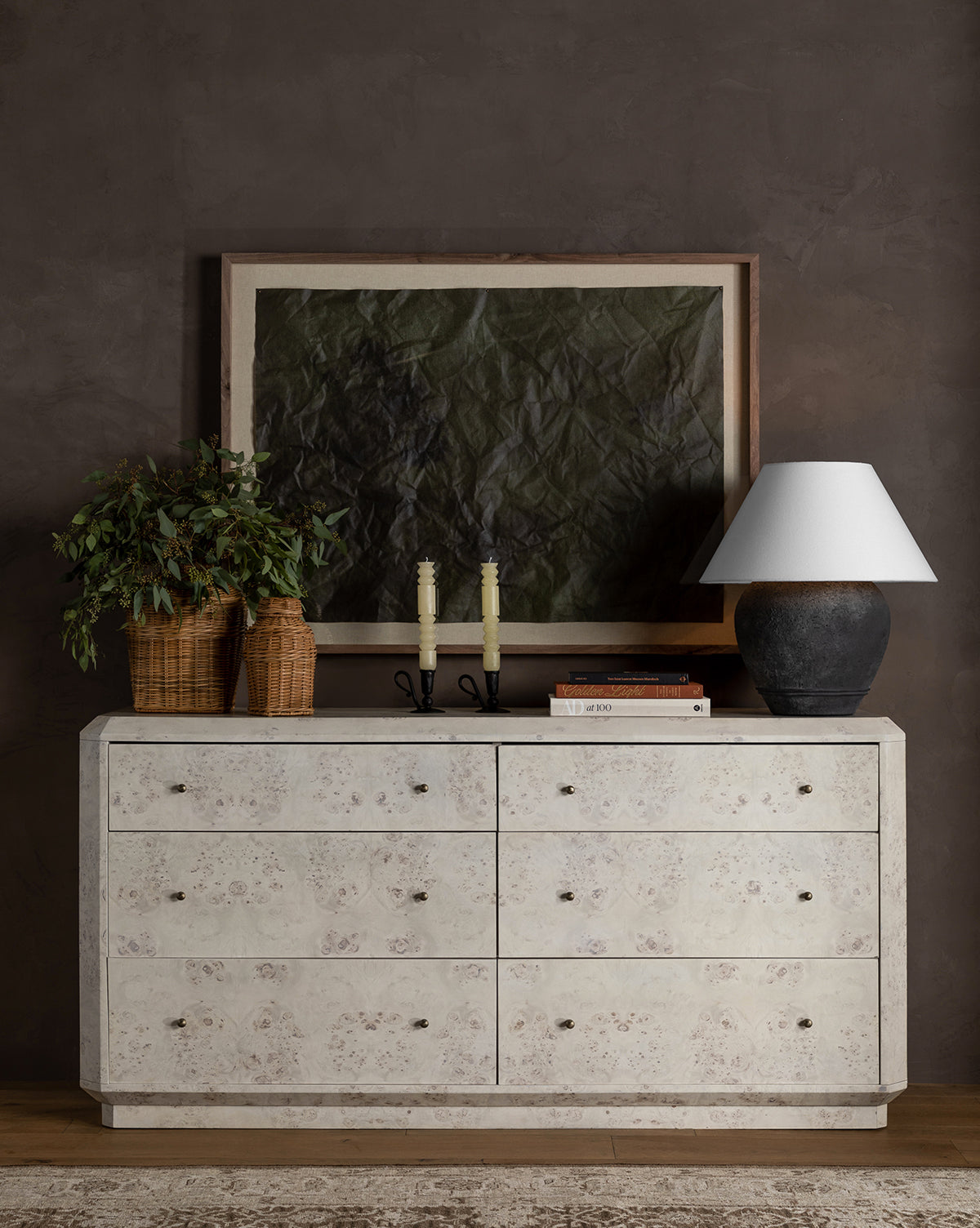 Artisan Burl Wood Dresser with Brass Pulls & Geometric Motifs for Bedroom
