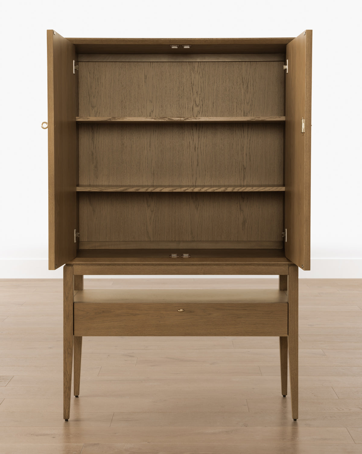 Rustic Honey Oak Cabinet with Ring Pulls & Beveled Edges for Living Room
