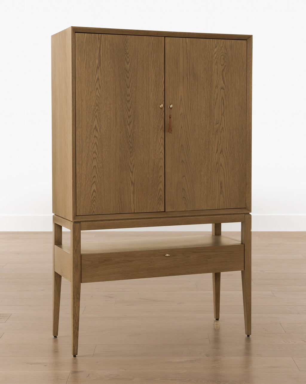 Rustic Honey Oak Cabinet with Ring Pulls & Beveled Edges for Living Room