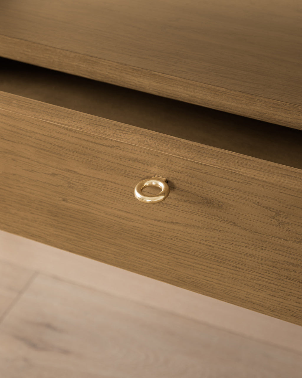 Rustic Honey Oak Cabinet with Ring Pulls & Beveled Edges for Living Room