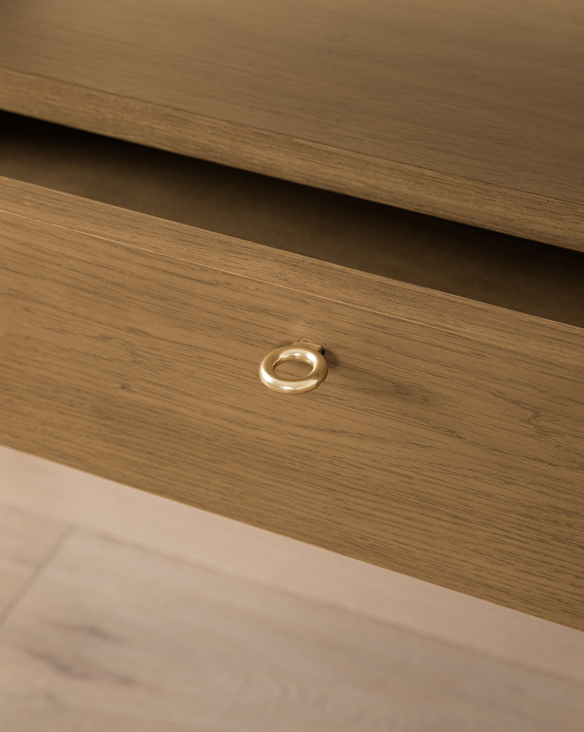 Rustic Honey Oak Cabinet with Ring Pulls & Beveled Edges for Living Room