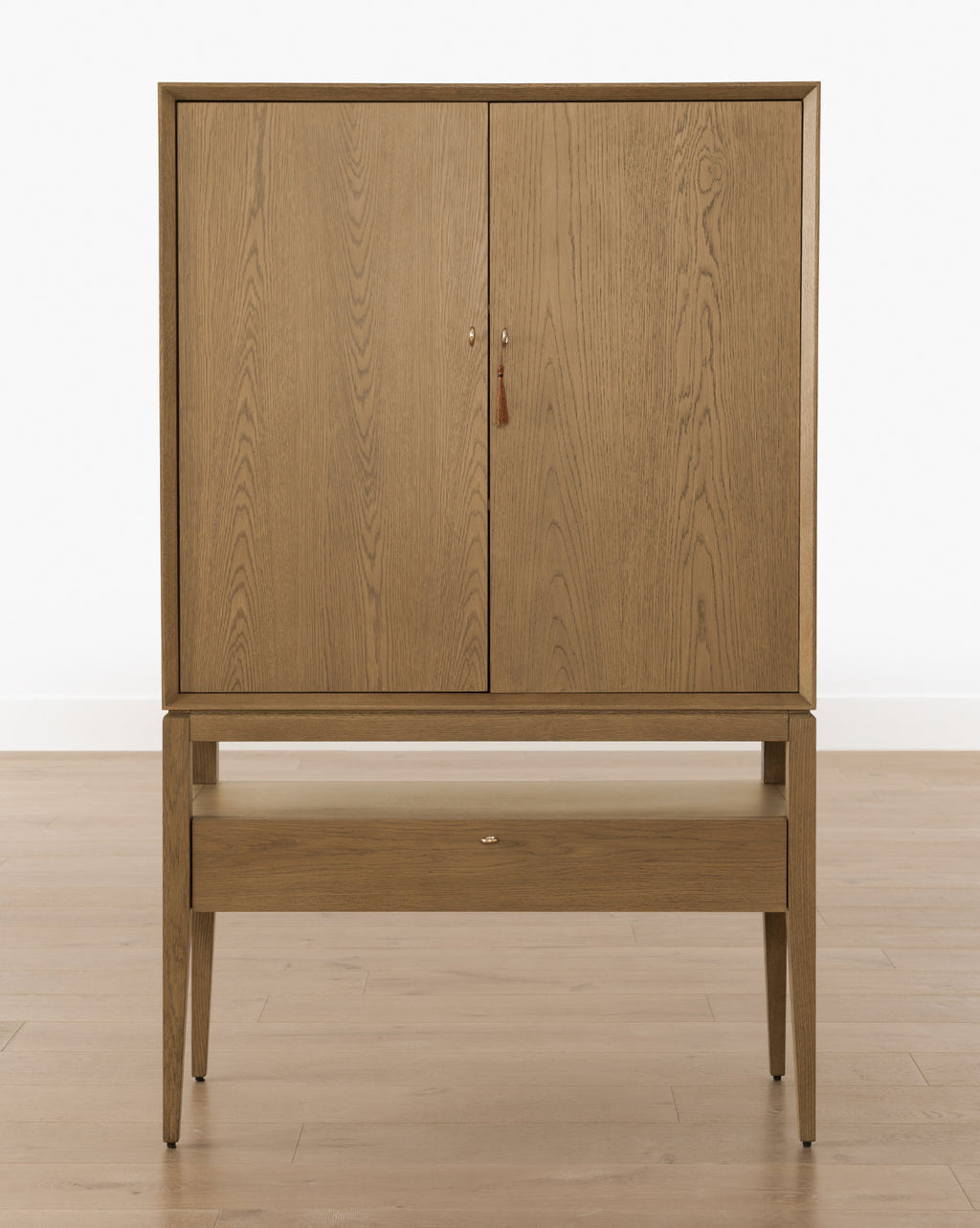 Rustic Honey Oak Cabinet with Ring Pulls & Beveled Edges for Living Room