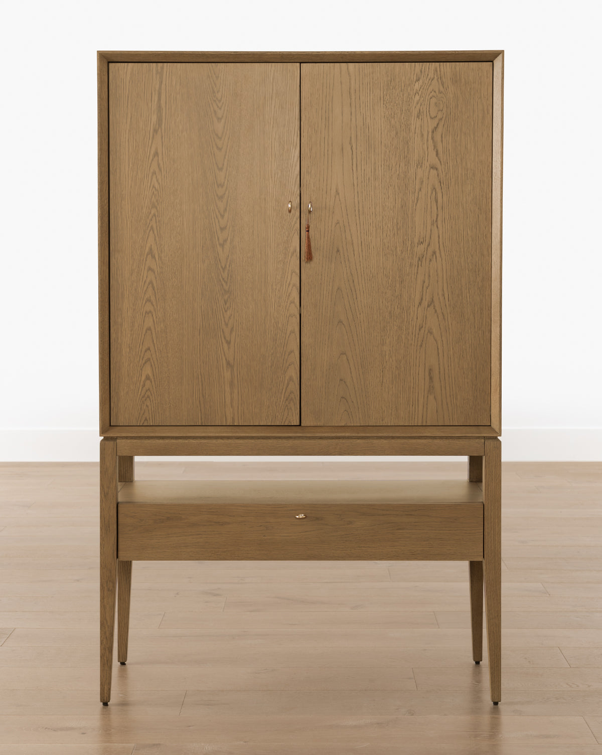 Rustic Honey Oak Cabinet with Ring Pulls & Beveled Edges for Living Room