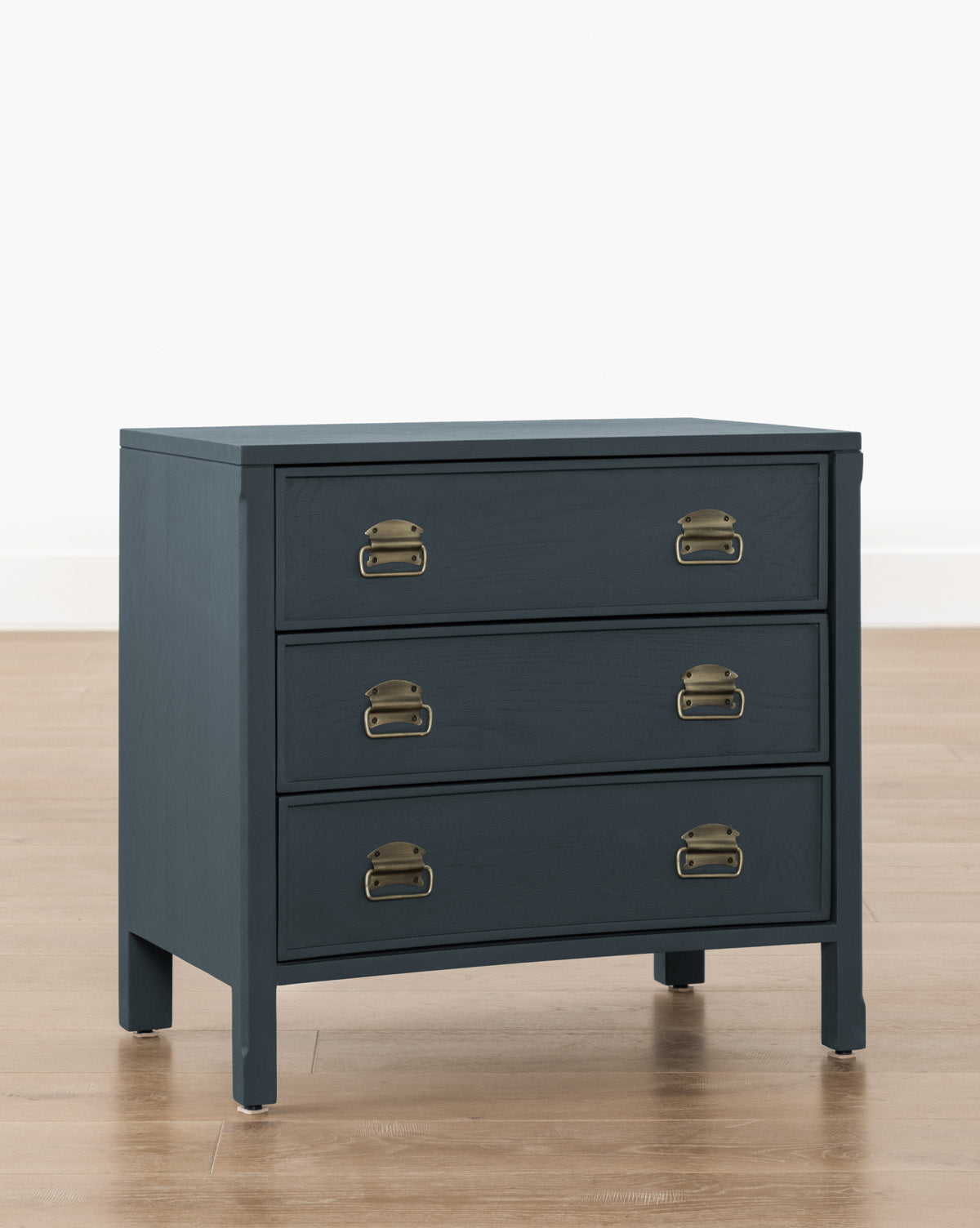 Modern Wood Nightstand with Curved Front & Brass Pulls for Bedroom