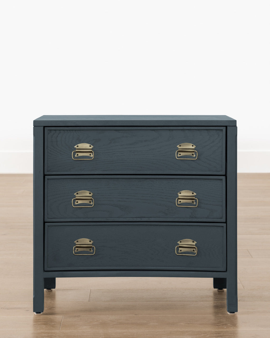 Modern Wood Nightstand with Curved Front & Brass Pulls for Bedroom