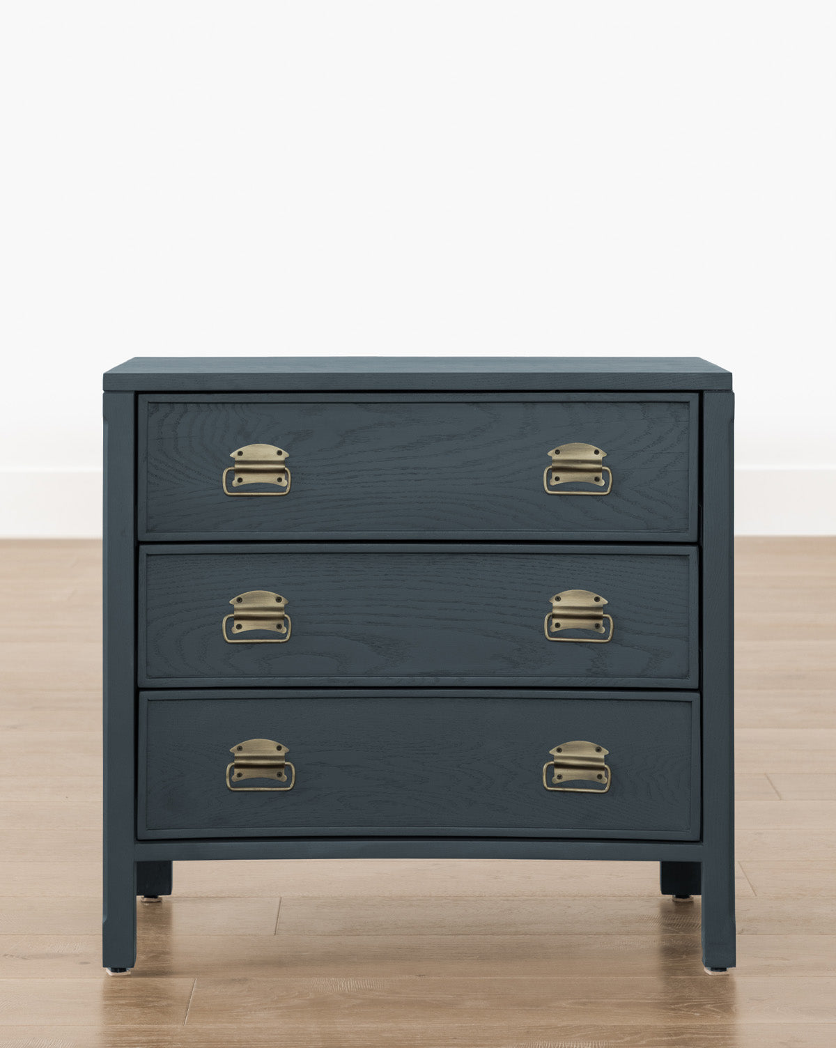 Modern Wood Nightstand with Curved Front & Brass Pulls for Bedroom