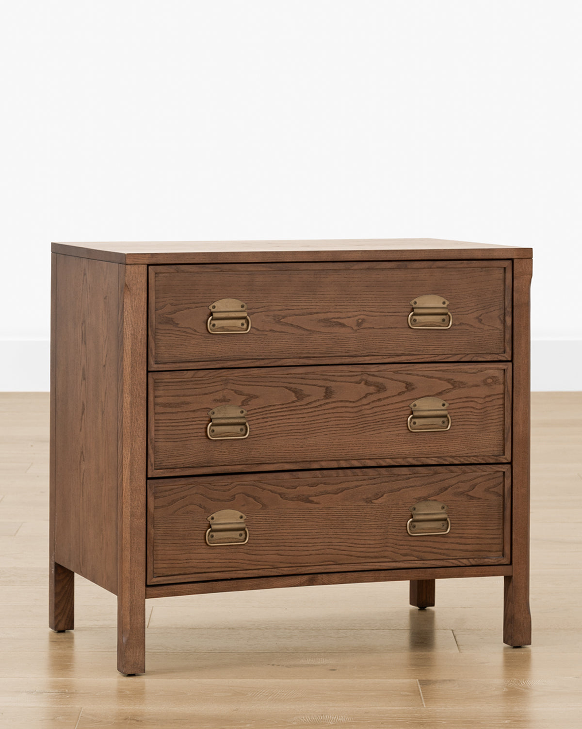 Modern Walnut Nightstand with Brass-Detailed Drawers for Bedroom