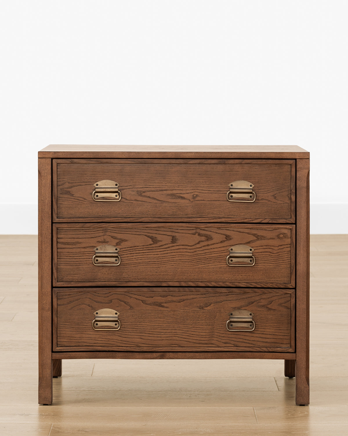 Modern Walnut Nightstand with Brass-Detailed Drawers for Bedroom