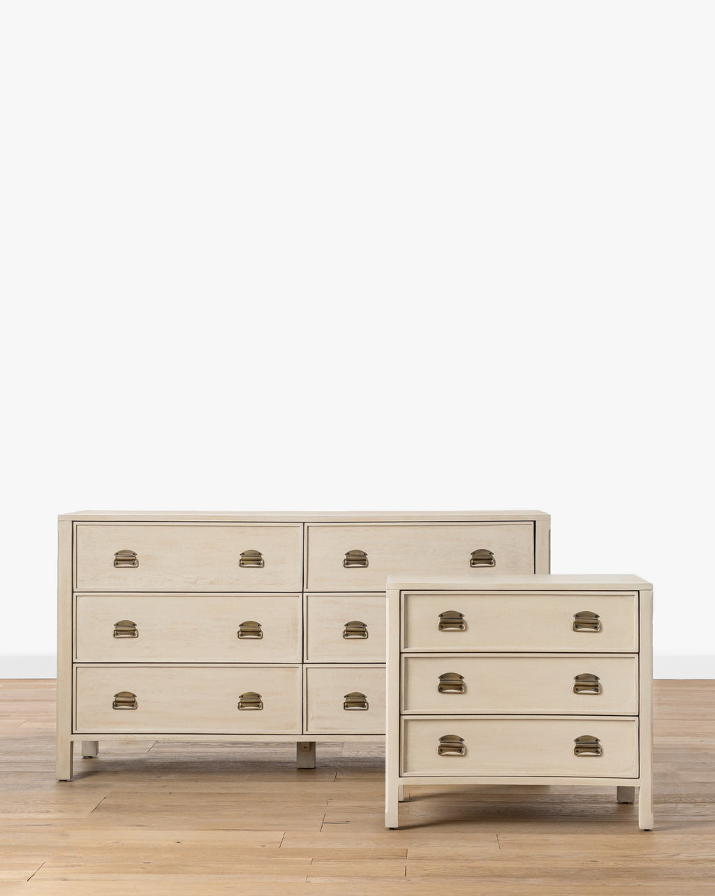 Modern White Oak Dresser with Curved Front & Brass Pulls for Bedroom