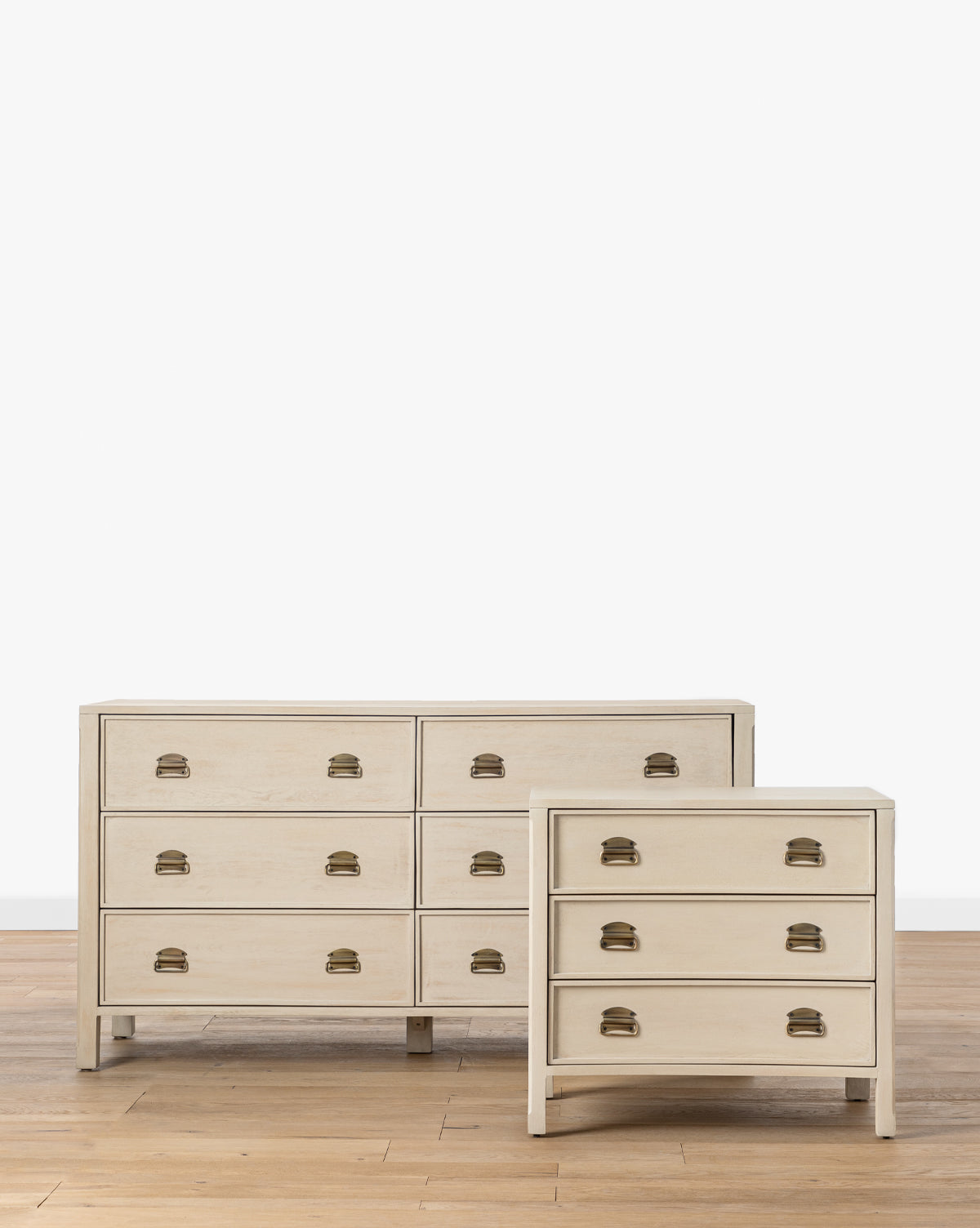 Modern White Oak Nightstand with Curved Front & Brass Pulls for Bedroom