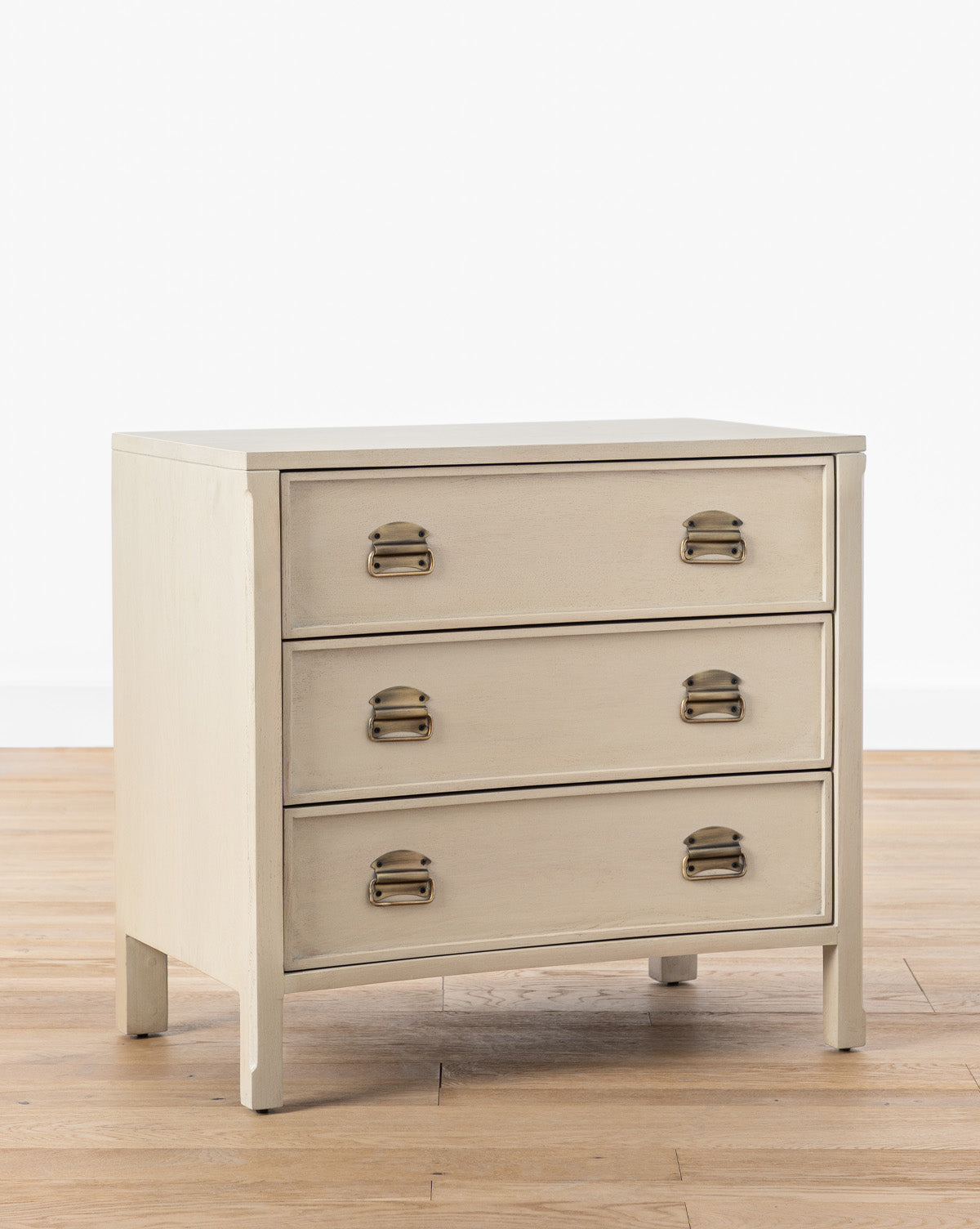Modern White Oak Nightstand with Curved Front & Brass Pulls for Bedroom