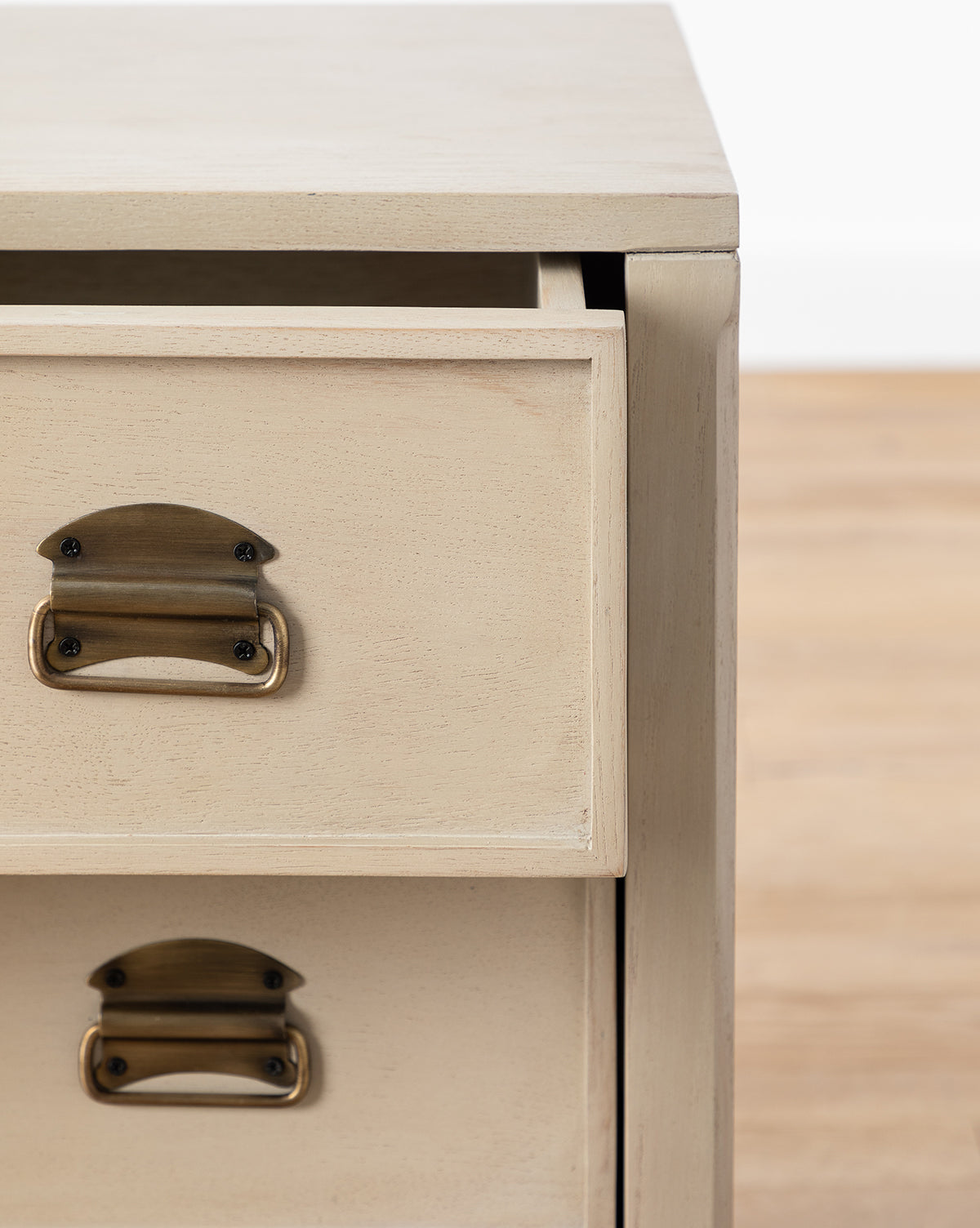 Modern White Oak Nightstand with Curved Front & Brass Pulls for Bedroom