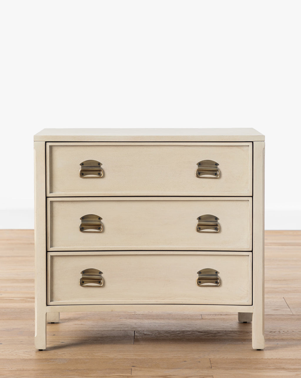 Modern White Oak Nightstand with Curved Front & Brass Pulls for Bedroom