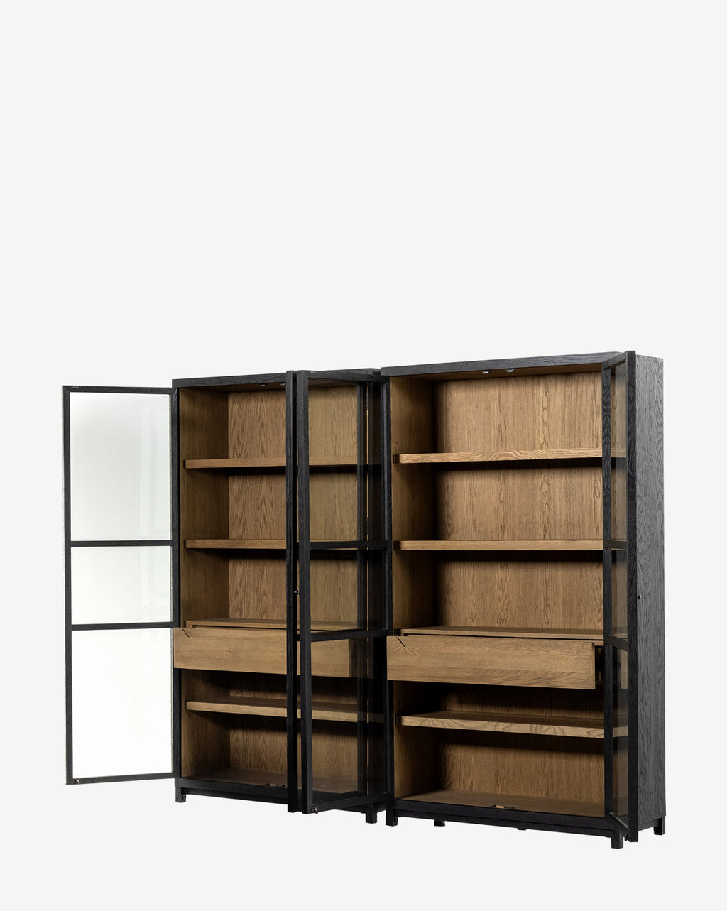 Modern Two-Tone Oak Bookcase with Glass Doors & Interior Drawers for Living Room