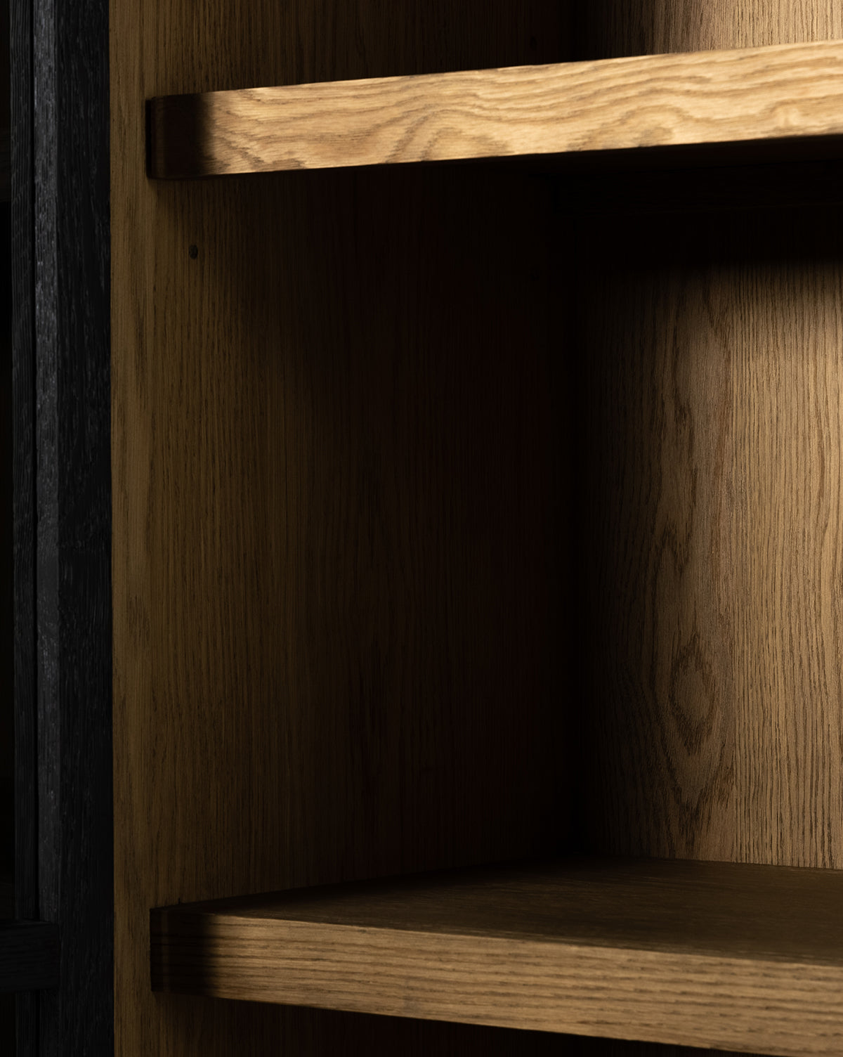 Modern Two-Tone Oak Bookcase with Glass Doors & Interior Drawers for Living Room