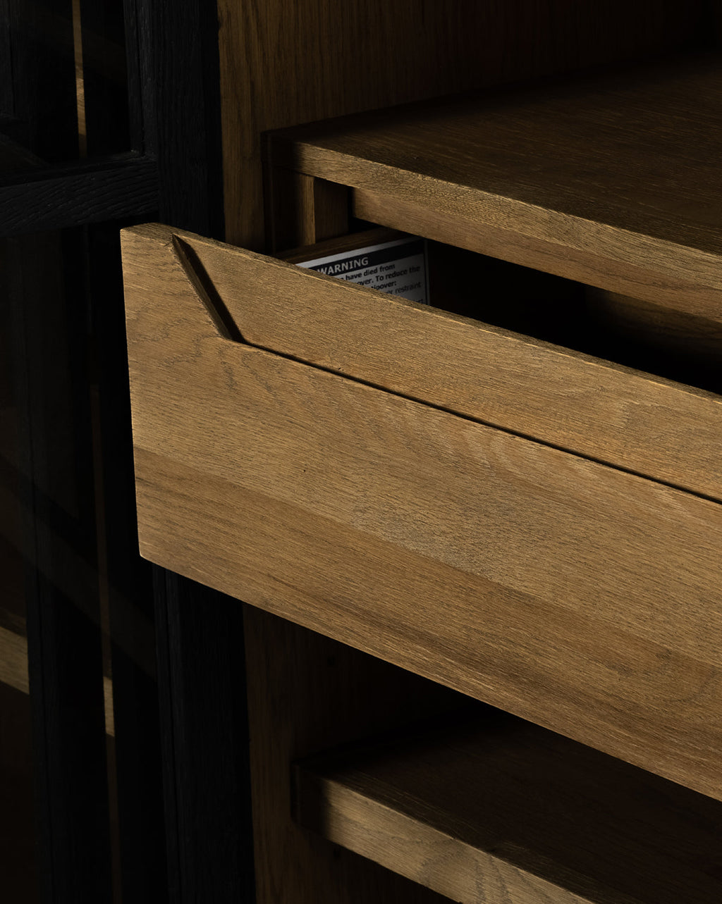Modern Two-Tone Oak Bookcase with Glass Doors & Interior Drawers for Living Room