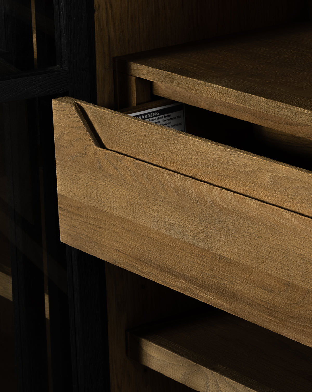 Modern Two-Tone Oak Bookcase with Glass Doors & Interior Drawers for Living Room