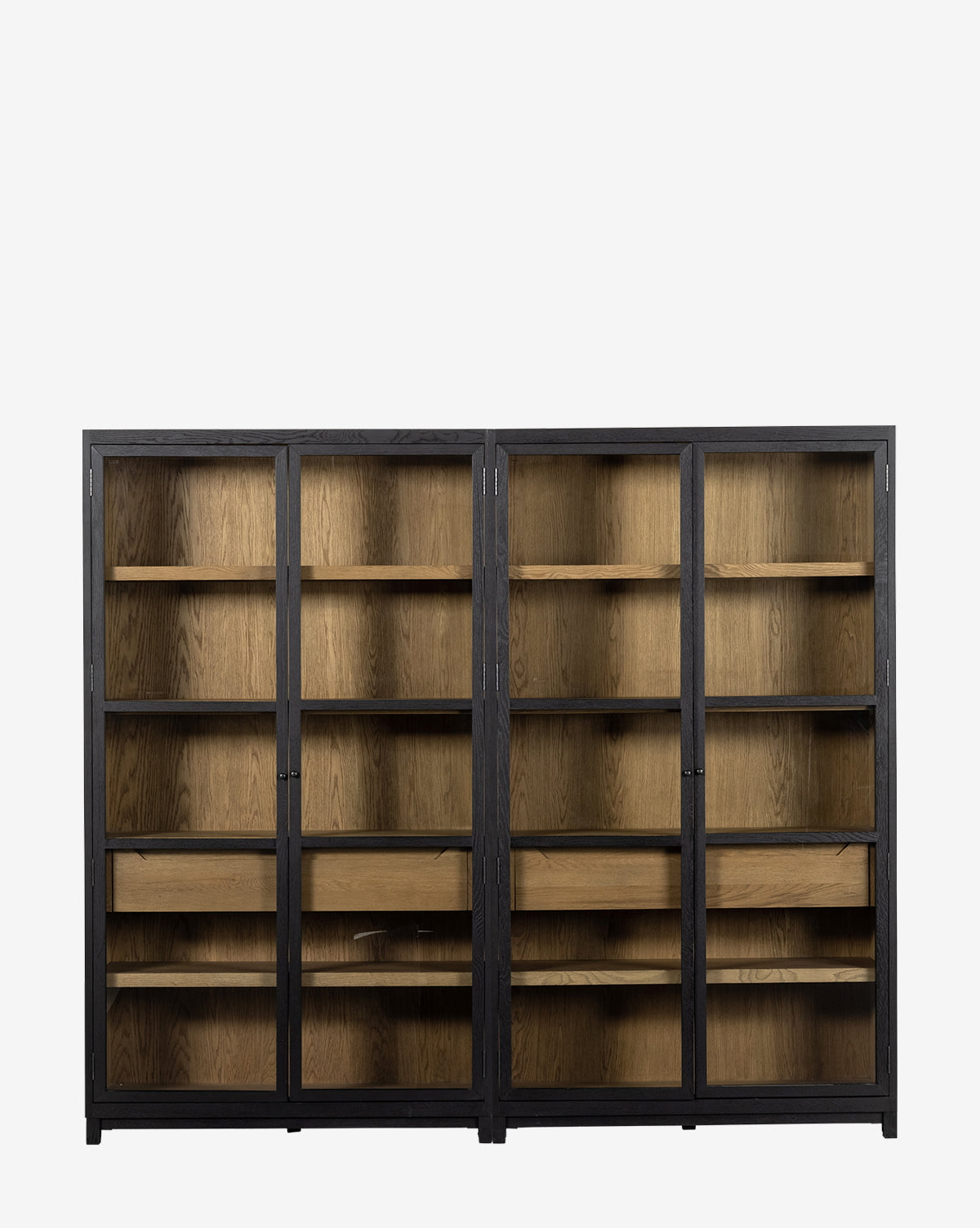 Modern Two-Tone Oak Bookcase with Glass Doors & Interior Drawers for Living Room