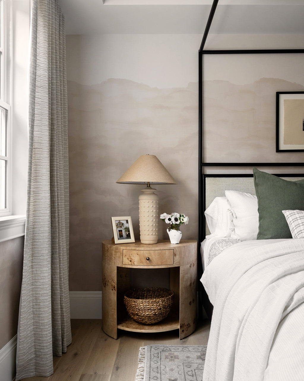 Modern Burl Veneer Nightstand with Brass Knob & Half-Moon Shape for Bedroom