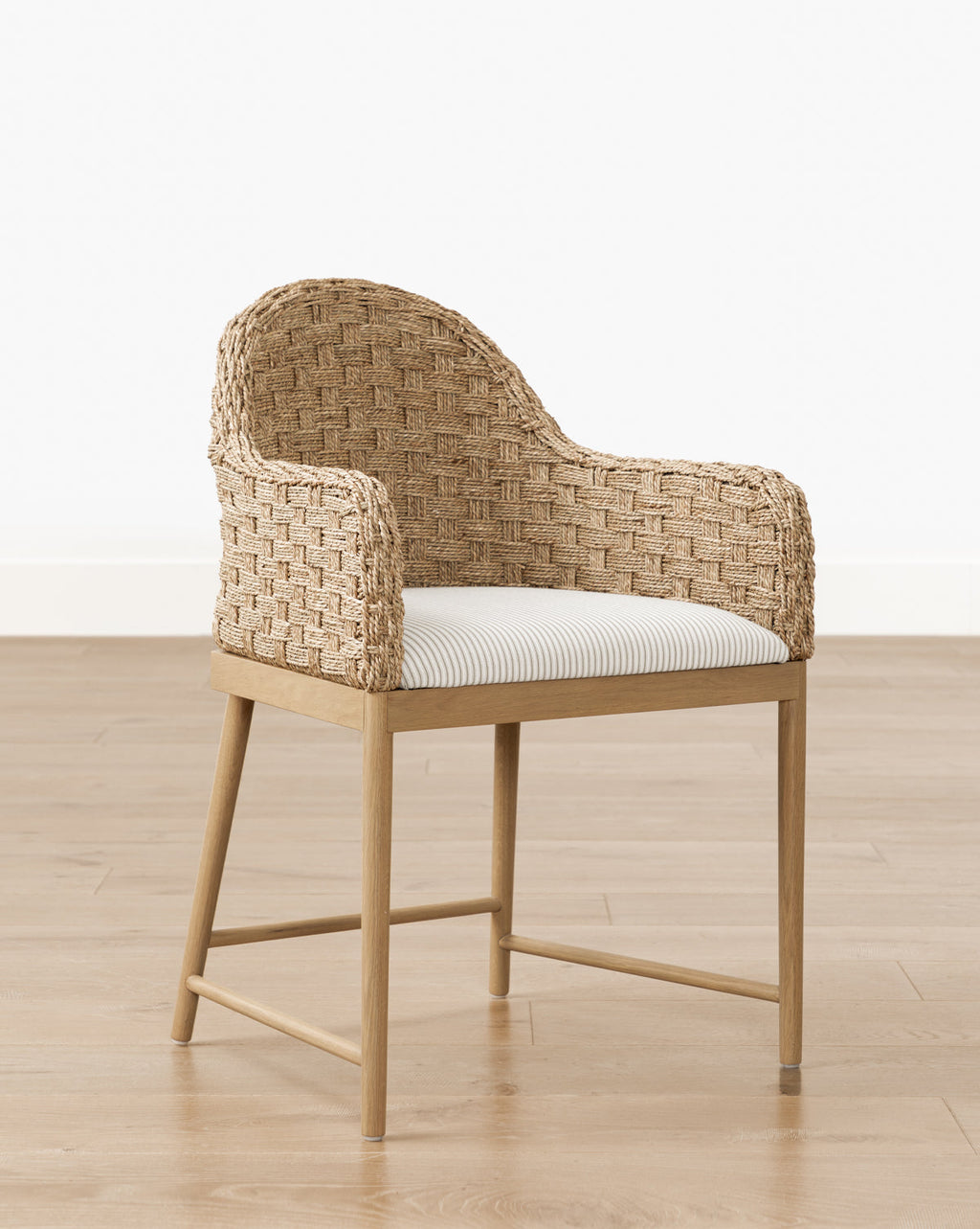 Rustic Solid Oak Arm Chair with Woven Back & Inviting Cushion for Dining Room