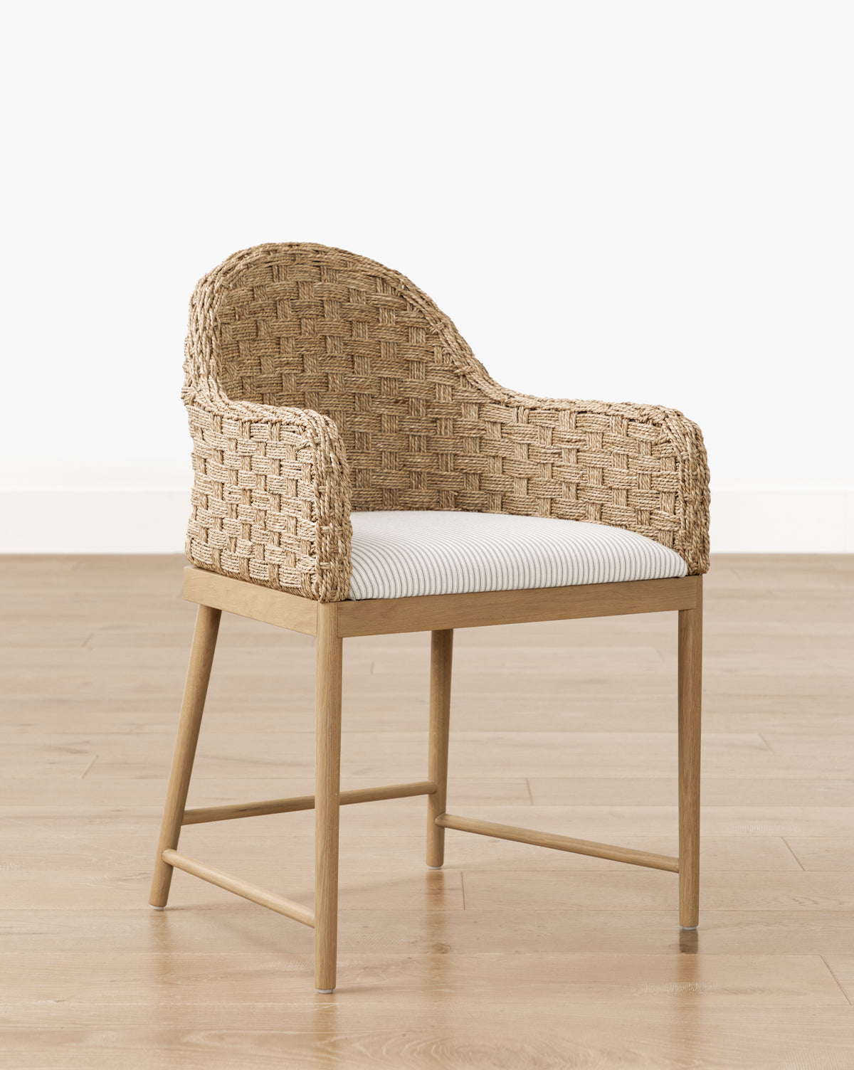 Rustic Solid Oak Arm Chair with Woven Back & Inviting Cushion for Dining Room